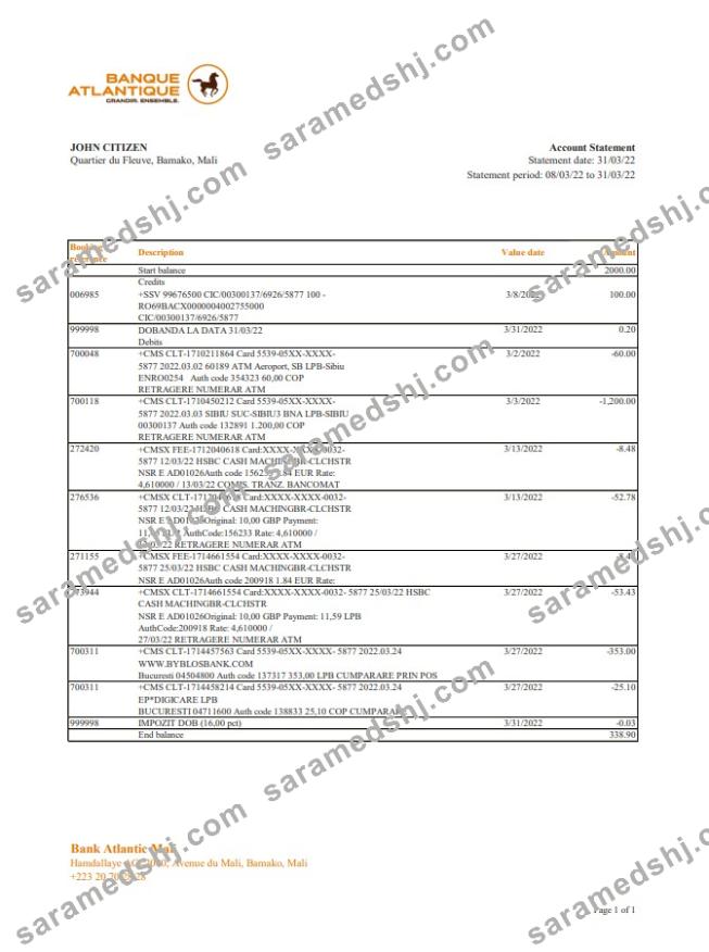 Mali Banque Atlantiaque bank statement